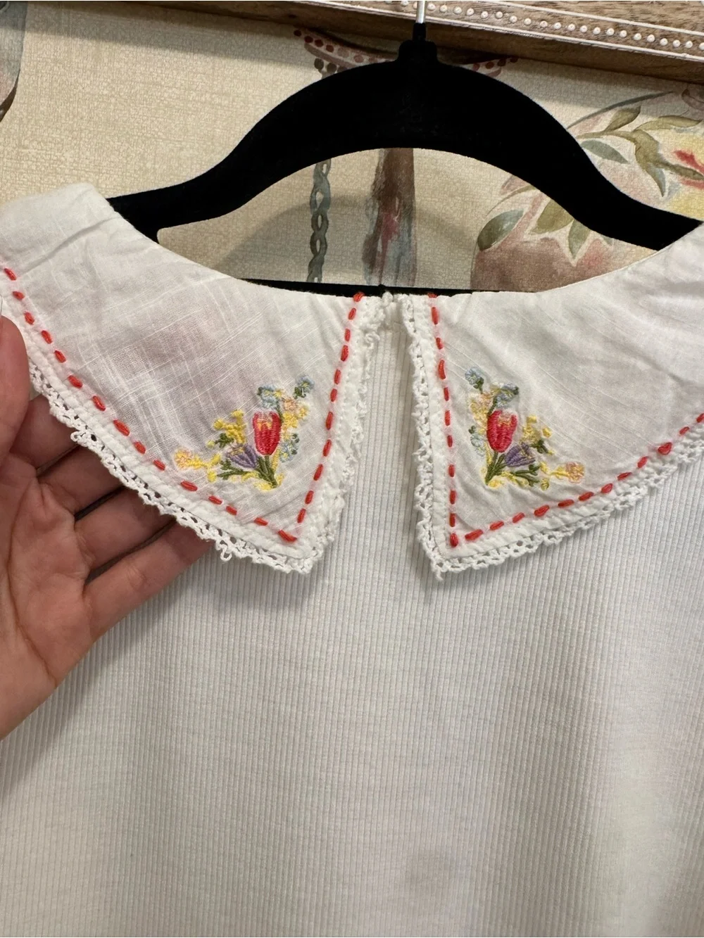 Anthropologie White Puff Sleeve Top with Embroidered Collar